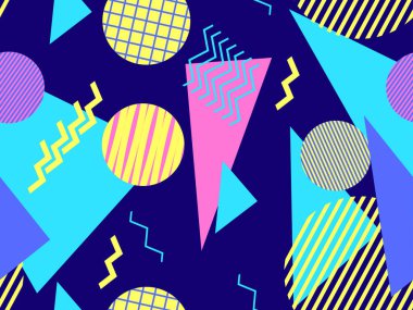 Memphis elementleriyle birlikte 80 'lerin geometrik kusursuz deseni. Kağıt, reklam materyali ve kumaş basmak için modaya uygun bir geçmişe dönüş. Vektör illüstrasyonu