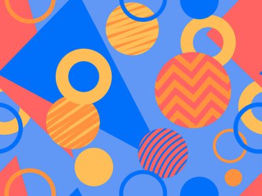 Memphis elementleriyle birlikte 80 'lerin geometrik kusursuz deseni. Kağıt, reklam materyali ve kumaş basmak için modaya uygun bir geçmişe dönüş. Vektör illüstrasyonu