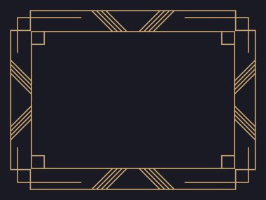 Art deco çerçeve. Klasik doğrusal sınır. Davetiyeler, broşürler ve tebrik kartları için bir şablon tasarla. Geometrik altın çerçeveli. 1920 'lerin tarzı - 1930' lar. Vektör illüstrasyonu
