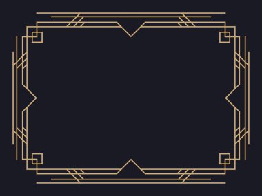 Art deco çerçeve. Klasik doğrusal sınır. Davetiyeler, broşürler ve tebrik kartları için bir şablon tasarla. Geometrik altın çerçeveli. 1920 'lerin tarzı - 1930' lar. Vektör illüstrasyonu