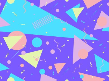 Memphis elementleriyle birlikte 80 'lerin geometrik kusursuz deseni. Kağıt, reklam materyali ve kumaş basmak için modaya uygun bir geçmişe dönüş. Vektör illüstrasyonu