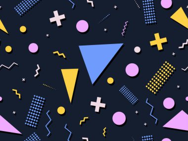 Memphis elementleriyle birlikte 80 'lerin geometrik kusursuz deseni. Kağıt, reklam materyali ve kumaş basmak için modaya uygun bir geçmişe dönüş. Vektör illüstrasyonu