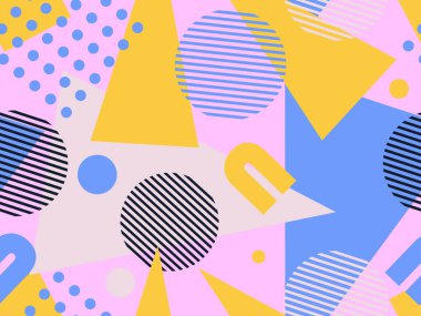 Memphis elementleriyle birlikte 80 'lerin geometrik kusursuz deseni. Kağıt, reklam materyali ve kumaş basmak için modaya uygun bir geçmişe dönüş. Vektör illüstrasyonu