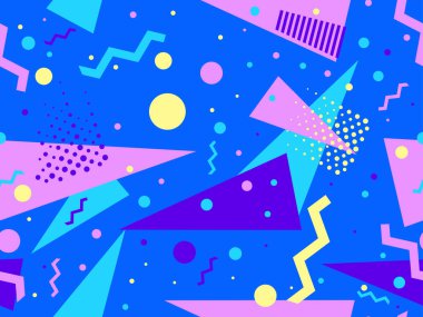 Memphis elementleriyle birlikte 80 'lerin geometrik kusursuz deseni. Kağıt, reklam materyali ve kumaş basmak için modaya uygun bir geçmişe dönüş. Vektör illüstrasyonu