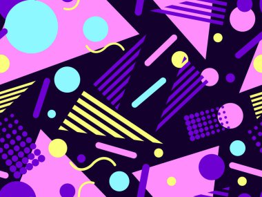 Memphis elementleriyle birlikte 80 'lerin geometrik kusursuz deseni. Kağıt, reklam materyali ve kumaş basmak için modaya uygun bir geçmişe dönüş. Vektör illüstrasyonu