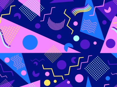 Memphis elementleriyle birlikte 80 'lerin geometrik kusursuz deseni. Kağıt, reklam materyali ve kumaş basmak için modaya uygun bir geçmişe dönüş. Vektör illüstrasyonu