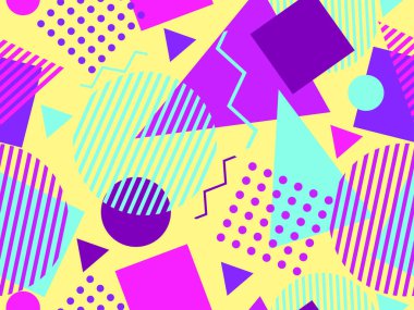 Memphis elementleriyle birlikte 80 'lerin geometrik kusursuz deseni. Kağıt, reklam materyali ve kumaş basmak için modaya uygun bir geçmişe dönüş. Vektör illüstrasyonu