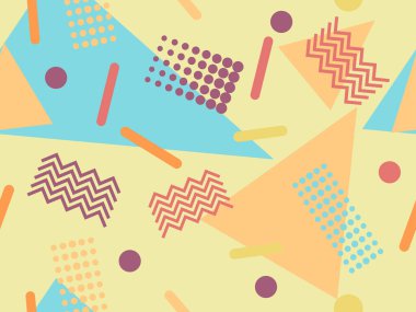 Memphis elementleriyle birlikte 80 'lerin geometrik kusursuz deseni. Kağıt, reklam materyali ve kumaş basmak için modaya uygun bir geçmişe dönüş. Vektör illüstrasyonu