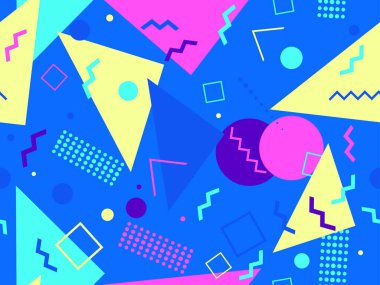 Memphis elementleriyle birlikte 80 'lerin geometrik kusursuz deseni. Kağıt, reklam materyali ve kumaş basmak için modaya uygun bir geçmişe dönüş. Vektör illüstrasyonu