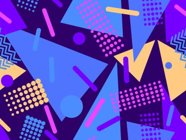 Memphis elementleriyle birlikte 80 'lerin geometrik kusursuz deseni. Kağıt, reklam materyali ve kumaş basmak için modaya uygun bir geçmişe dönüş. Vektör illüstrasyonu