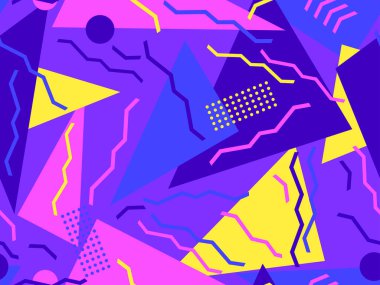 Memphis elementleriyle birlikte 80 'lerin geometrik kusursuz deseni. Kağıt, reklam materyali ve kumaş basmak için modaya uygun bir geçmişe dönüş. Vektör illüstrasyonu