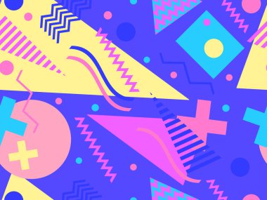 Memphis elementleriyle birlikte 80 'lerin geometrik kusursuz deseni. Kağıt, reklam materyali ve kumaş basmak için modaya uygun bir geçmişe dönüş. Vektör illüstrasyonu