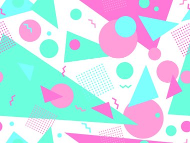 Memphis elementleriyle birlikte 80 'lerin geometrik kusursuz deseni. Kağıt, reklam materyali ve kumaş basmak için modaya uygun bir geçmişe dönüş. Vektör illüstrasyonu