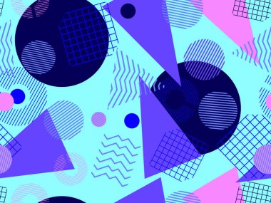 Memphis kusursuz desen. Geometrik elementler 80 'ler tarzında memphis. Kağıt, reklam materyali ve kumaş basmak için modaya uygun bir geçmişe dönüş. Vektör illüstrasyonu