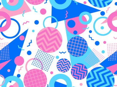 Memphis kusursuz desen. Geometrik elementler 80 'ler tarzında memphis. Kağıt, reklam materyali ve kumaş basmak için modaya uygun bir geçmişe dönüş. Vektör illüstrasyonu