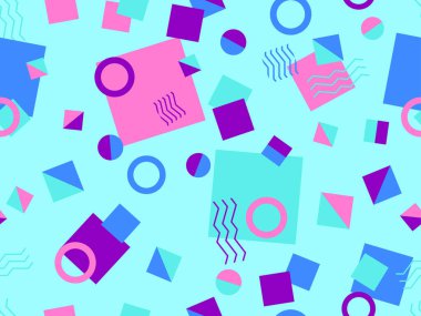 Memphis kusursuz desen. Geometrik elementler 80 'ler tarzında memphis. Kağıt, reklam materyali ve kumaş basmak için modaya uygun bir geçmişe dönüş. Vektör illüstrasyonu