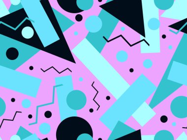 Memphis kusursuz desen. Geometrik elementler 80 'ler tarzında memphis. Kağıt, reklam materyali ve kumaş basmak için modaya uygun bir geçmişe dönüş. Vektör illüstrasyonu