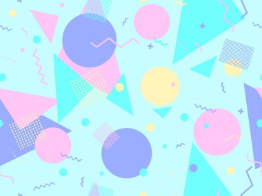 Memphis kusursuz desen. Geometrik elementler 80 'ler tarzında memphis. Kağıt, reklam materyali ve kumaş basmak için modaya uygun bir geçmişe dönüş. Vektör illüstrasyonu