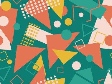 Memphis kusursuz desen. Geometrik elementler 80 'ler tarzında memphis. Kağıt, reklam materyali ve kumaş basmak için modaya uygun bir geçmişe dönüş. Vektör illüstrasyonu