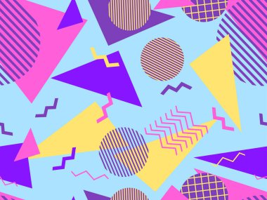 Memphis kusursuz desen. Geometrik elementler 80 'ler tarzında memphis. Kağıt, reklam materyali ve kumaş basmak için modaya uygun bir geçmişe dönüş. Vektör illüstrasyonu