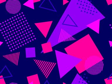 Memphis kusursuz desen. Geometrik elementler 80 'ler tarzında memphis. Kağıt, reklam materyali ve kumaş basmak için modaya uygun bir geçmişe dönüş. Vektör illüstrasyonu