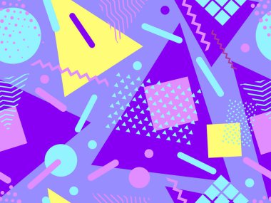 Memphis kusursuz desen. Geometrik elementler 80 'ler tarzında memphis. Kağıt, reklam materyali ve kumaş basmak için modaya uygun bir geçmişe dönüş. Vektör illüstrasyonu