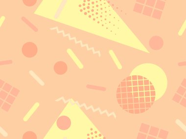 Memphis kusursuz desen. Geometrik elementler 80 'ler tarzında memphis. Kağıt, reklam materyali ve kumaş basmak için modaya uygun bir geçmişe dönüş. Vektör illüstrasyonu