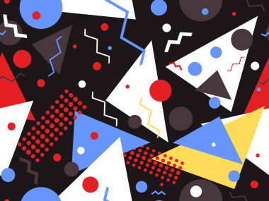 Memphis kusursuz desen. Geometrik elementler 80 'ler tarzında memphis. Kağıt, reklam materyali ve kumaş basmak için modaya uygun bir geçmişe dönüş. Vektör illüstrasyonu