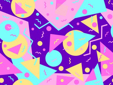 Memphis kusursuz desen. Geometrik elementler 80 'ler tarzında memphis. Kağıt, reklam materyali ve kumaş basmak için modaya uygun bir geçmişe dönüş. Vektör illüstrasyonu