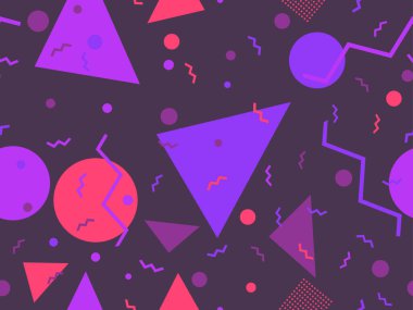 Memphis elementleriyle birlikte 80 'lerin geometrik kusursuz deseni. Kağıt, reklam materyali ve kumaş basmak için modaya uygun bir geçmişe dönüş. Vektör illüstrasyonu