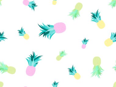 Ananaslı, pürüzsüz desen. Yaz meyveleri. Ananas meyvesi. Tişörtler için tropik arka plan, kağıt ve kumaş üzerindeki parmak izleri. Vektör illüstrasyonu