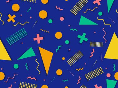 Memphis kusursuz desen. Geometrik elementler 80 'ler tarzında memphis. Kağıt, reklam materyali ve kumaş basmak için modaya uygun bir geçmişe dönüş. Vektör illüstrasyonu