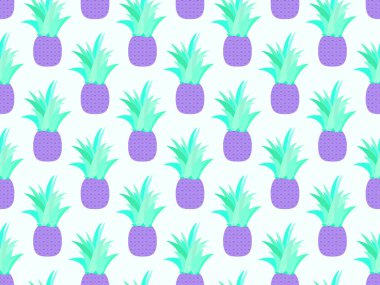 Ananaslı, pürüzsüz desen. Yaz meyveleri. Beyaz arka planda mor ananas. Tişörtler için tropik arka plan, kağıt ve kumaş üzerindeki parmak izleri. Vektör illüstrasyonu