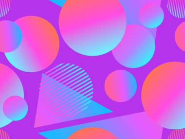 80 'li yıllarda Memphis elementleriyle birlikte geometrik kusursuz desen. Renkli bir eğilim. Kağıt, promosyon malzemesi ve kumaş basımı için Synthwave ve Retrowave tarzı arka plan. Vektör illüstrasyonu