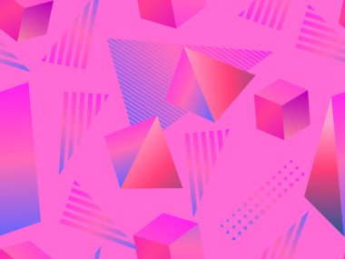 80lerin tarzında 3 boyutlu geometrik şekil. Kırmızı gradyan rengi. Kağıt, promosyon malzemesi ve kumaş üzerine baskı yapmak için Isometric üç boyutlu geometrik şekiller. Vektör illüstrasyonu