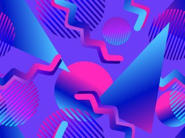 80 'li yıllarda Memphis elementleriyle birlikte geometrik kusursuz desen. Renkli bir eğilim. Kağıt, promosyon malzemesi ve kumaş basımı için Synthwave ve Retrowave tarzı arka plan. Vektör illüstrasyonu