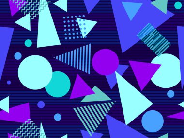 Memphis tarzında 80 'lerin geometrik kusursuz deseni. Çizgili arka planda geometrik şekiller. Sentetik dalga ve retrodalga tarzı. Reklam broşürleri, afişler ve baskılar için tasarım. Vektör illüstrasyonu