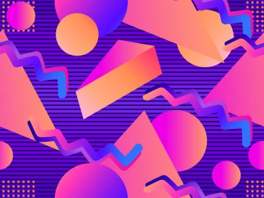 80 'li yıllarda Memphis şekilli, geometrik, pürüzsüz bir desen. Renkli bir eğilim. Sentetik dalga ve retrodalga tarzı. Reklam broşürleri, afişler ve baskılar için tasarım. Vektör illüstrasyonu