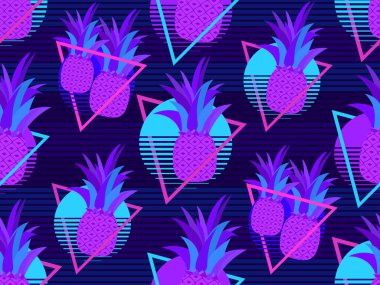 Ananaslar ve günbatımı 80 'ler tarzında pürüzsüz desen. Sentetik dalga ve retrodalga tarzı. Geçmişe dönük fütürist güneş. Reklam broşürleri, afişler ve baskılar için tasarım. Vektör illüstrasyonu 