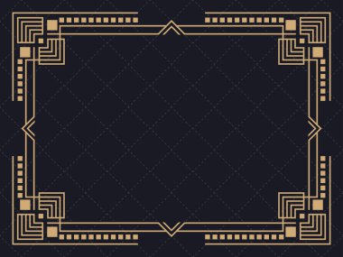 Art deco çerçeve. Klasik doğrusal sınır. Davetiyeler, broşürler ve tebrik kartları için bir şablon tasarla. Geometrik altın çerçeveli. 1920 'lerin tarzı - 1930' lar. Vektör illüstrasyonu