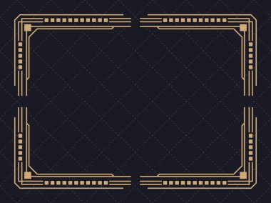 Art deco çerçeve. Klasik doğrusal sınır. Davetiyeler, broşürler ve tebrik kartları için bir şablon tasarla. Geometrik altın çerçeveli. 1920 'lerin tarzı - 1930' lar. Vektör illüstrasyonu