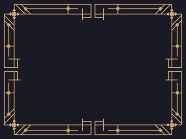 Art deco çerçeve. Klasik doğrusal sınır. Davetiyeler, broşürler ve tebrik kartları için bir şablon tasarla. Geometrik altın çerçeveli. 1920 'lerin tarzı - 1930' lar. Vektör illüstrasyonu