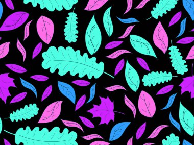 Sonbahar pürüzsüz bir desen bırakır. Renkli yapraklar dökülüyor, yapraklar dökülüyor. Meşe ve akçaağaç. Baskı, ambalaj kağıdı ve reklam için sonbahar arka planı. Vektör illüstrasyonu