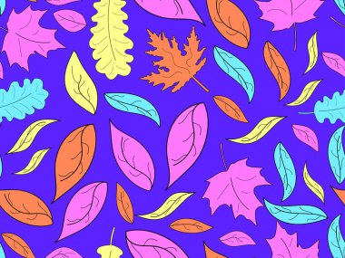 Sonbahar pürüzsüz bir desen bırakır. Renkli yapraklar dökülüyor, yapraklar dökülüyor. Meşe ve akçaağaç. Baskı, ambalaj kağıdı ve reklam için sonbahar arka planı. Vektör illüstrasyonu