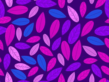 Renkli sonbahar pürüzsüz bir desen bırakır. Mor, pembe ve mavi yapraklar. Düşen yapraklar. Kağıt, pankart ve promosyon ürünleri basmak için arka plan. Vektör illüstrasyonu