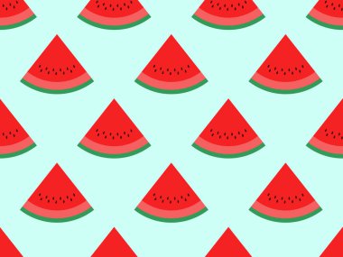 Karpuz dikişsiz desen keser. Çekirdekli üçgen karpuz dilimi. Baskı, ambalaj kağıdı ve reklam için yaz meyveleri arka planı. Vektör illüstrasyonu
