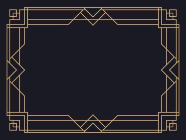Art deco çerçeve. Klasik doğrusal sınır. Davetiyeler, broşürler ve tebrik kartları için bir şablon tasarla. Geometrik altın çerçeveli. 1920 'lerin tarzı - 1930' lar. Vektör illüstrasyonu
