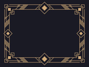 Art deco çerçeve. Klasik doğrusal sınır. Davetiyeler, broşürler ve tebrik kartları için bir şablon tasarla. Geometrik altın çerçeveli. 1920 'lerin tarzı - 1930' lar. Vektör illüstrasyonu