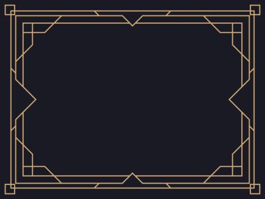 Art deco çerçeve. Klasik doğrusal sınır. Davetiyeler, broşürler ve tebrik kartları için bir şablon tasarla. Geometrik altın çerçeveli. 1920 'lerin tarzı - 1930' lar. Vektör illüstrasyonu