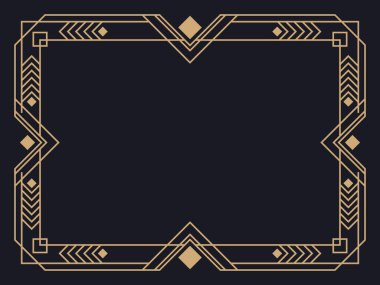 Art deco çerçeve. Klasik doğrusal sınır. Davetiyeler, broşürler ve tebrik kartları için bir şablon tasarla. Geometrik altın çerçeveli. 1920 'lerin tarzı - 1930' lar. Vektör illüstrasyonu